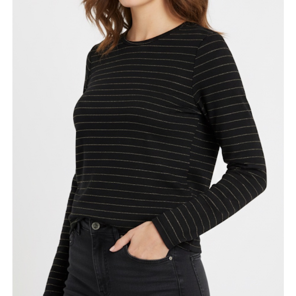 BASIC EDITIONS Striped Long Sleeve Top, Women’s M, Black Gold